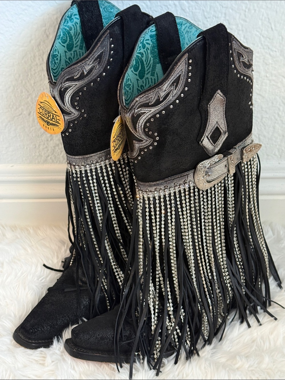 Corral Black Suede Fringe & Rhinestone Western Heeled Boots